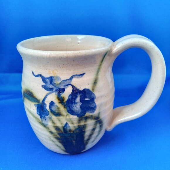 Handmade art pottery mug with blue iris design - Picture 2 of 8